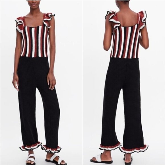 ZARA Striped Black Crochet Ruffle Strap Sleeveless Jumpsuit - S - Picture 1 of 14